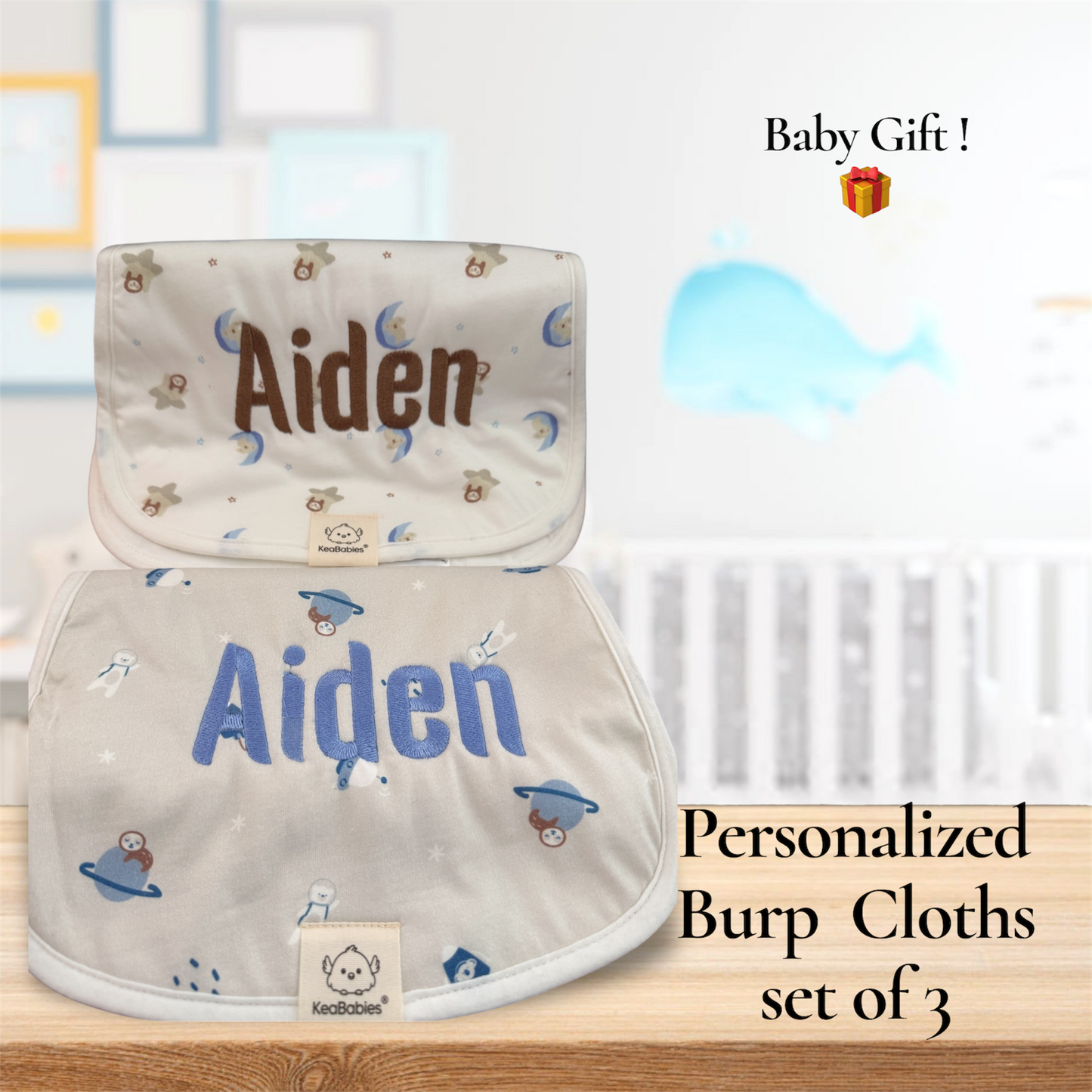 Personalized Organic Burp Cloths Set of 3 -  Soft & Absorbent 21"x10" Baby Boy