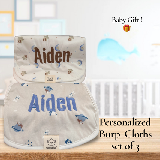 Personalized Organic Burp Cloths Set of 3 -  Soft & Absorbent 21"x10" Baby Boy
